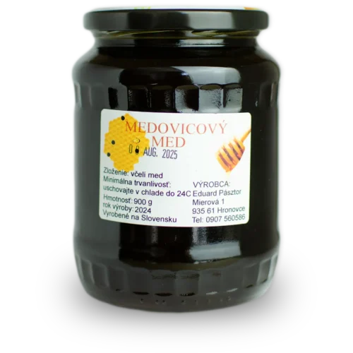 Produktová fotografia: Pravý medovicový med v sklenenom pohári.
